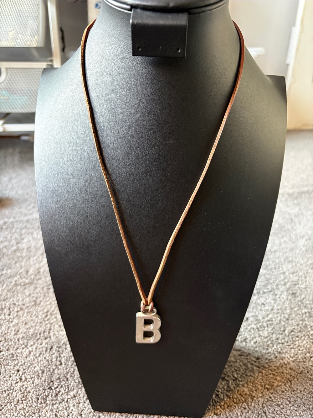 Initial "B" Brown Leather Cord Pendant Necklace